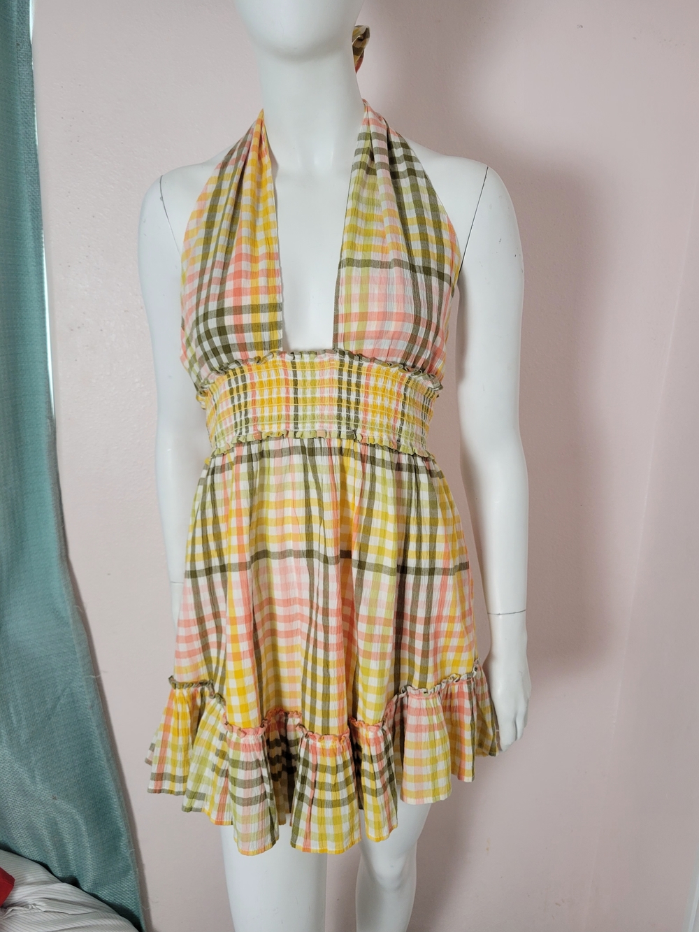Aerie Plaid Halter Mini Dress Size M – Yellow Pink Green Checkered Ruffle Hem - Picture 2 of 8